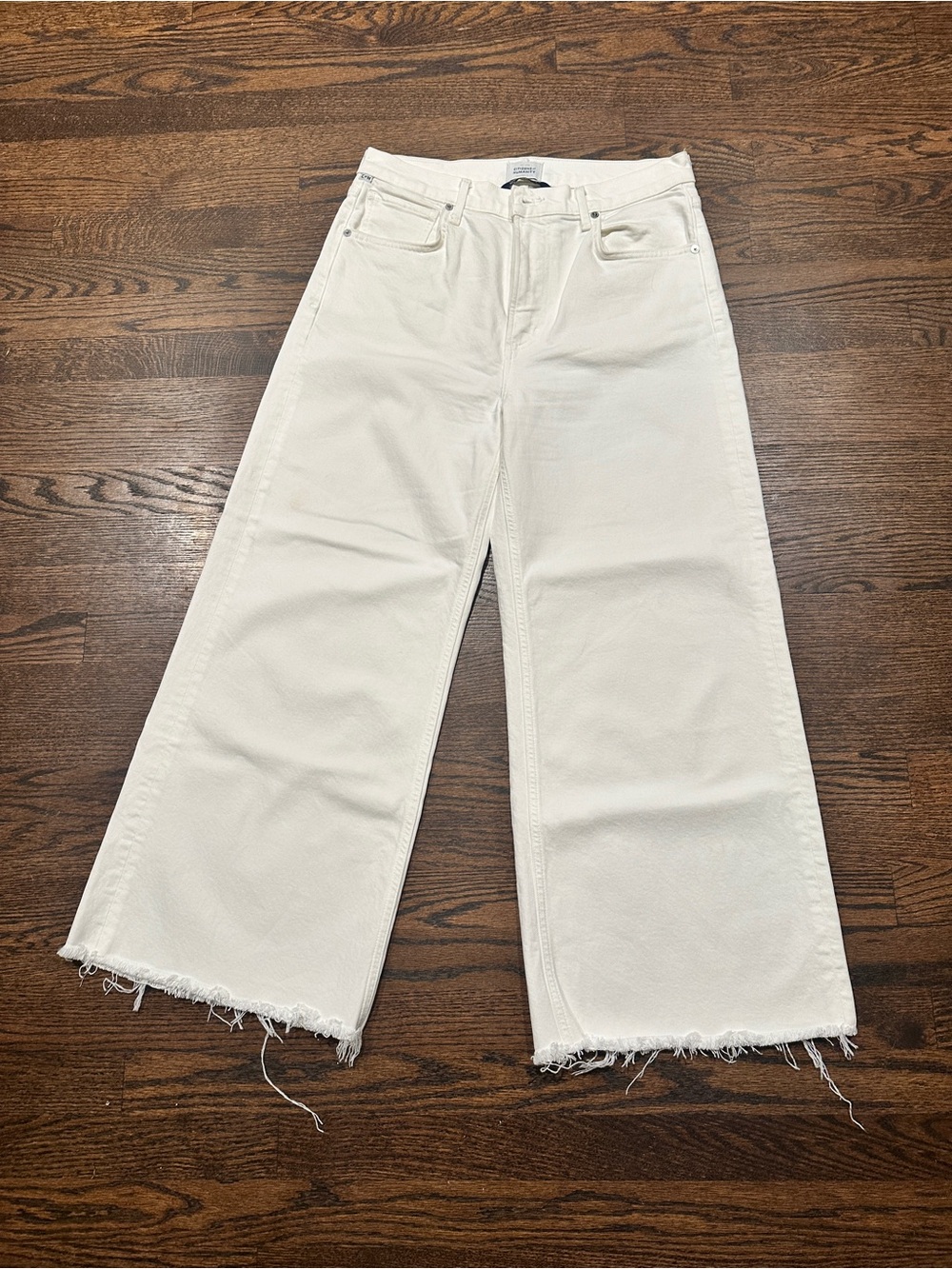 Citizens Of Humanity White Lyra Crop Wide-Leg Raw-Hem Jeans